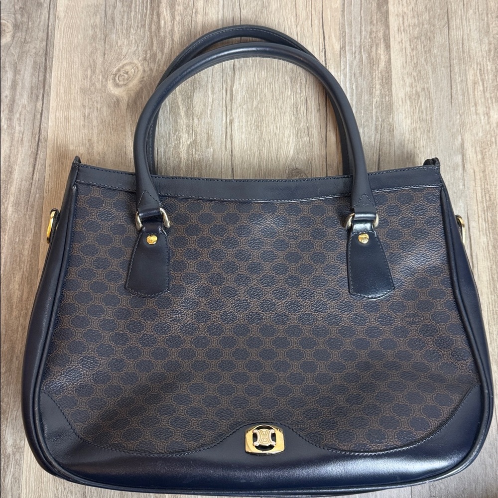 Vintage Celine Macadam Top Handle Satchel Handbag Black Brown Italy